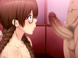  1boy 1girl blush brown_hair censored collarbone game_cg glasses hetero kanojo_wa_dare_to_demo_sex_suru lips mole orcsoft penis sakurai_erika 