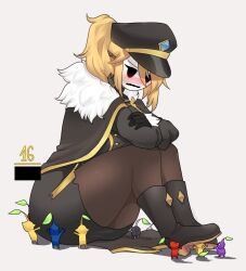  1girl 2023 artist_name ass bar_censor black_boots black_gloves black_jacket black_pantyhose blonde_hair blue_pikmin blush boots borrowed_character breasts cape carrying carrying_person censored commentary commission crossed_arms crossover embarrassed english_commentary fur-trimmed_jacket fur-trimmed_sleeves fur_trim gameplay_mechanics gloves hair_over_one_eye hat highres jacket kicking large_breasts leg_up locket_white_(bakalorin) long_sleeves mario_(series) military_hat military_jacket motion_lines nintendo original pantyhose pikmin_(creature) pikmin_(series) purple_pikmin red_pikmin rock_pikmin serious shy_gal signature simple_background standing standing_on_one_leg straight-on swept_bangs teeth thick_thighs thighs wavy_mouth white_background white_mask white_pikmin yellow_pikmin yellow_trim yuunkurosu 