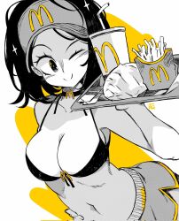  1girl ;) andrewcockroach artist_logo bikini bikini_top_only breasts choker cleavage commentary corrupted_twitter_file cup disposable_cup english_commentary fast_food food food_wrapper french_fries greyscale_with_colored_background hair_ornament hand_on_own_hip highres holding holding_tray large_breasts logo looking_at_viewer mcdonald&#039;s medium_hair microskirt navel one_eye_closed original skirt smile solo split_mouth swimsuit tray upper_body visor_cap 
