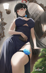  1girl absurdres alternate_costume bare_shoulders black_choker black_dress black_hair blue_archive blunt_bangs blush breasts bright_pupils choker clothing_cutout commentary_request dress earrings from_below hair_ornament hairclip halo highres holding jewelry large_breasts long_hair looking_at_viewer looking_down mirror nail_polish parted_lips red_eyes red_nails rio_(blue_archive) signature solo thigh_strap thighs underboob_cutout white_pupils yamikyon 