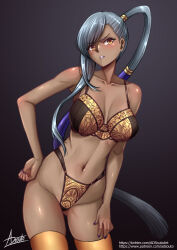  1girl adsouto bra breasts code_geass collarbone contrapposto dark-skinned_female dark_skin grey_hair hand_on_own_hip hand_on_own_thigh highres large_breasts lingerie long_hair navel orange_eyes panties parted_lips side_ponytail signature solo thighhighs underwear variant_set very_long_hair villetta_nu 
