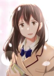  1girl :d blue_bow blue_bowtie bow bowtie brown_eyes brown_hair brown_jacket cherry_blossoms collared_shirt highres holding holding_notebook jacket kimi_no_suizou_wo_tabetai long_hair long_sleeves looking_at_viewer notebook open_mouth petals school_uniform shirt smile solo take20131004 upper_body white_shirt yamauchi_sakura 