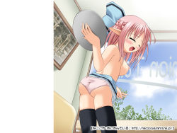 1girl breasts elf female_focus kanna_hisashi large_breasts nipples panties pink_panties pointy_ears solo thighhighs topless_female underwear waitress rating:Explicit score:12 user:danbooru
