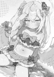  1girl absurdres ahoge azusa_(blue_archive) azusa_(swimsuit)_(blue_archive) bikini blue_archive breasts commentary commission english_commentary flower greyscale hair_flower hair_ornament halo highres loffo loli long_hair looking_at_viewer monochrome navel official_alternate_costume parted_lips ruffle_bikini sitting small_breasts solo swimsuit two_side_up wariza 