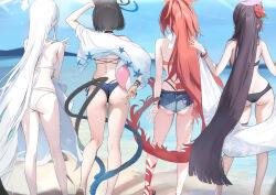  4girls ass bare_legs beach bikini black_bikini black_hair blue_archive denim denim_shorts fingernails from_behind halo haori houraku hyakkaryouran_(blue_archive) japanese_clothes kikyou_(blue_archive) kikyou_(swimsuit)_(blue_archive) long_hair median_furrow multiple_girls nagusa_(blue_archive) nagusa_(swimsuit)_(blue_archive) nail_polish official_alternate_costume outdoors ponytail red_hair renge_(blue_archive) renge_(swimsuit)_(blue_archive) short_hair short_shorts shorts straight_hair swimsuit v very_long_hair white_hair yukari_(blue_archive) yukari_(swimsuit)_(blue_archive) 