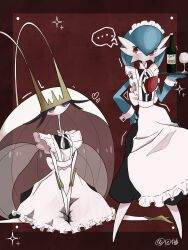  ... alternate_color antenna_hair apron artist_name blue_skin bottle colored_skin cup drinking_glass gardevoir gen_3_pokemon gen_7_pokemon hand_on_own_hip highres holding holding_tray inb795 maid maid_apron maid_headdress multicolored_skin nintendo pheromosa pokemon pokemon_(creature) purple_eyes red_eyes shiny_pokemon sparkle tray two-tone_skin ultra_beast white_apron white_skin wine_glass 