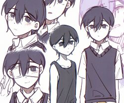  2boys antenna_hair bailan1130 black_eyes black_hair black_sweater_vest black_tank_top blush bright_pupils closed_mouth collared_shirt crying dual_persona expressionless eyepatch highres looking_at_viewer male_focus multiple_boys omori omori_(omori) open_mouth shirt short_hair short_sleeves smile spoilers sunny_(omori) sweater_vest tank_top white_pupils white_shirt 