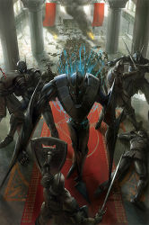  armor aura battle blau_jack blood blue_eyes carpet column epic fire flag glowing glowing_eyes group_battle helmet knight noba pillar pixiv_fantasia pixiv_fantasia_4 shield smoke stairs sword weapon  rating:Sensitive score:40 user:danbooru