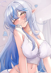  1girl ;) ahoge blue_hair breasts camisole cleavage closed_mouth commentary crossed_bangs double-parted_bangs hair_between_eyes head_tilt heart heart_ahoge highres hololive indoors large_breasts long_hair messy_hair midriff mofu07519 multi-strapped_panties multicolored_hair navel one_eye_closed panties pointy_ears sidelocks smile solo streaked_hair symbol-only_commentary underwear very_long_hair virtual_youtuber white_camisole yellow_eyes yukihana_lamy yukimin_(yukihana_lamy) 