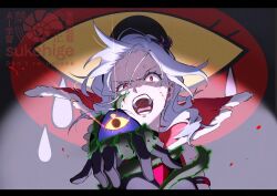  1girl angry artist_name black_border black_dress black_gloves black_hairband blood blood_drop border bright_pupils card collared_dress crazy_eyes disembodied_eye dress eas_(fresh_precure!) elbow_gloves eyelashes floating_hair fresh_precure! fur-trimmed_dress fur_trim furrowed_brow gloves glowing hair_ornament hairband higashi_setsuna high_collar injury letterboxed long_hair looking_at_viewer medici_collar nervous_sweating open_mouth outstretched_arm pain pale_skin precure red_dress red_eyes screaming sleeveless sleeveless_dress solo sukehige sweat teardrop teeth thorns torn_clothes torn_dress two-sided_dress two-sided_fabric upper_body watermark white_hair white_pupils wide-eyed 