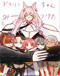  &gt;_&lt; 2boys 4girls :&lt; :d ^_^ anatomical_nonsense animal_ears arknights black_hair black_skirt black_thighhighs blonde_hair blue_eyes breasts brown_shorts chestnut_(arknights) cleavage closed_eyes closed_mouth commentary_request drooling durin_(arknights) green_eyes grey_hair grey_shorts hair_over_one_eye hakoniwashinshi highres minimalist_(arknights) miniskirt multiple_boys multiple_girls myrtle_(arknights) open_mouth pink_hair pleated_skirt pointy_ears pozyomka_(arknights) red_eyes red_hair sattou_(style) short_shorts shorts simple_background skirt smile sweat tecno_(arknights) thighhighs translation_request white_background wolf_ears wolf_girl yellow_eyes zettai_ryouiki 