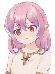 1girl aged_down brown_shirt closed_mouth commentary crying crying_with_eyes_open fly41_07 frown hair_between_eyes highres light_blush lucid_(maplestory) maplestory medium_hair official_alternate_costume pink_hair pointy_ears portrait red_eyes shirt short_sleeves simple_background solo symbol-only_commentary tears white_background 