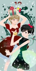  2girls amano_akira black_hair brown_eyes brown_hair calendar_(medium) christmas closed_mouth december dress earrings highres jewelry katekyo_hitman_reborn! looking_at_viewer miura_haru multiple_girls official_art red_dress sasagawa_kyouko short_hair skirt smile star_(symbol) star_earrings 