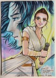  1boy 1girl armlet artist_name black_hair brown_eyes brown_hair dated energy_sword highres holding holding_sword holding_weapon jewelry kylo_ren lightsaber long_hair looking_at_viewer photo_(medium) reyna_(valorant) star_wars sword tomoko_taniguchi traditional_media weapon yellow_lightsaber 