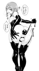  1boy absurdres aian anal anal_object_insertion ass elbow_gloves garter_straps gloves greyscale highres leather looking_at_viewer medium_hair monochrome object_insertion original penis speech_bubble testicles thighhighs translation_request trap white_background 