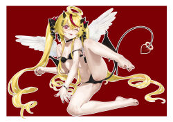  1girl agemmata alternate_costume alternate_hairstyle alternative_version_available black_bow black_bra black_horns black_panties blonde_hair bow bra crossed_bangs demon_tail feathered_wings feet full_body hair_between_eyes hair_bow hair_ornament hair_spread_out hairclip highres horns long_sidelocks lying multicolored_hair nail_polish one_eye_closed one_leg_raised panties phase_connect pointy_ears red_background red_bow red_eyes red_hair remilia_nephys sidelocks solo spread_toes streaked_hair tail tail_ornament toe-point toenail_polish toenails toes tongue tongue_out underwear very_long_sidelocks virtual_youtuber white_wings wiggling_toes wings wink  rating:Sensitive score:6 user:Nao