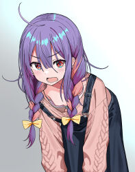 1girl absurdres ahoge blue_overalls blush bow bra braid breasts brown_sweater collarbone downblouse gradient_background hair_between_eyes hair_bow hair_over_shoulder highres leaning_forward long_hair long_sleeves looking_at_viewer lower_teeth_only messy_hair multicolored_hair nipple_slip nipples open_mouth original overalls purple_hair red_eyes sidelocks small_breasts solo striped_bow sweater teeth twin_braids two-tone_hair underwear urushiushiru v-shaped_eyebrows yellow_bow rating:Questionable score:84 user:Sir_Cumalot