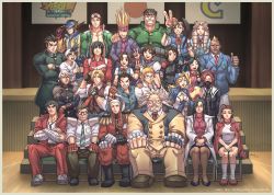  6+boys 6+girls adjusting_clothes adjusting_headwear ahoge artist_name ayuhara_natsu backwards_hat ball bandaged_hand bandages baseball_cap beard biker_clothes bikesuit black_hair blonde_hair bodysuit boman_delgado boxing_gloves brother_and_sister brothers brown_hair brown_legwear capcom chain cleavage_cutout clothing_cutout crying dark_skin drill_hair epaulettes everyone eyewear_on_head facial_hair fingerless_gloves fishnets glasses gloves goggles goggles_on_head hairband hat headband hibiki_ran highres himezaki_aoi ichimonji_batsu iinchou_(justice_gakuen) imawano_hyou imawano_raizou isurugi_gan jacket japanese_flag jewelry justice_gakuen kagami_kyousuke karuizawa_momo kasugano_sakura kazama_akira kazama_daigo kirishima_kurou kirishima_yurika lab_coat logo mask minazuki_kyouko moero!_justice_gakuen mohawk monocle multiple_boys multiple_girls namikawa_nagare necklace necktie nekketsu_hayato pacific_high_school_uniform pantyhose ponytail purple_sweater red_hair ribbed_sweater richard_suwono roberto_miura roy_bromwell sawamura_shouma scar scar_across_eye scar_on_face school_uniform shimazu_hideo shiritsu_justice_gakuen siblings socks sportswear street_fighter sunglasses sweater swim_cap taiyou_gakuen_uniform tears tennis_ball thumbs_up tiffany_lords track_jacket twin_drills twintails v visor volleyball_uniform wakaba_hinata whistle whistle_around_neck white_legwear yamada_eiji 