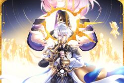  1girl 2boys aglaea_(honkai:_star_rail) ahoge alenafox anaxa_(honkai:_star_rail) black_gloves black_hood blood bloody_tears castorice_(honkai:_star_rail) chrysos_heirs_(honkai:_star_rail) cipher_(honkai:_star_rail) coat commentary cyrene_(honkai:_star_rail) english_commentary fingerless_gloves flame_reaver_of_the_deepest_dark gloves gold_blood highres holding holding_sword holding_weapon honkai:_star_rail honkai_(series) hyacine_(honkai:_star_rail) mask multiple_boys mydei_(honkai:_star_rail) phainon_(honkai:_star_rail) pink_hair purple_coat shirt sword trianne_(honkai:_star_rail) tribbie_(honkai:_star_rail) trinnon_(honkai:_star_rail) weapon white_coat white_hair 
