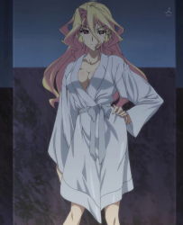  10s blonde_hair breasts cleavage highres infinite_stratos long_hair open_clothes open_robe red_eyes robe screencap squall_meusel  rating:Sensitive score:32 user:AC89