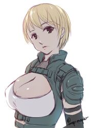  1girl appleseed blonde_hair breasts cleavage deunan_knute large_breasts looking_at_viewer mapuru short_hair simple_background solo white_background 