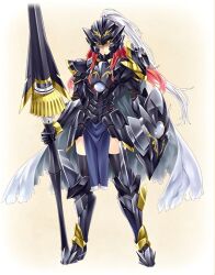 1girl armor armored_boots armored_leotard boots closed_mouth highres kanpani_girls lance leotard long_hair looking_at_viewer polearm red_eyes red_hair ren_adelung serious shield simple_background solo very_long_hair weapon yellow_background