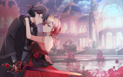  2girls alternate_costume alternate_hairstyle backless_dress backless_outfit bare_shoulders black_coat black_gloves black_pants blue_eyes blurry blurry_background breasts ceras_yanagida_lilienfeld coat commentary cowboy_shot crossdressing crossdressing_(ftm) dress edel_note english_commentary flower folded_ponytail gloves gold_tiara grey_hair hair_flower hair_ornament half_gloves hand_on_another&#039;s_back hand_on_another&#039;s_shoulder haz highres holding holding_sword holding_weapon katsuragi_izumi large_breasts link!_like!_love_live! long_hair long_sleeves love_live! multiple_girls neck_ribbon open_clothes open_coat orange_eyes outdoors pants partially_fingerless_gloves red_dress red_flower red_ribbon ribbon shirt short_hair sleeveless sleeveless_dress sword virtual_youtuber weapon white_shirt yuri 