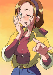 1girl :p asuka_mimori asuka_minori belt blush breasts brown_hair cirima covered_erect_nipples cum cum_on_body cum_on_clothes denim facial female_focus gradient_background hair_ribbon hairband happy jeans large_breasts long_hair long_sleeves looking_at_viewer low_ponytail m/ mature_female ojamajo_doremi one_eye_closed open_clothes open_shirt outdoors pants ponytail ribbon shirt sidelocks sky sleeves_rolled_up solo sunset swept_bangs teacher tongue tongue_out upper_body volvox wink yellow_eyes rating:Explicit score:55 user:danbooru