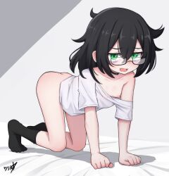 1girl all_fours bags_under_eyes black_collar black_hair black_socks blush boppin bottomless breasts collar commission fang full_body glasses green_eyes hair_between_eyes highres loli looking_at_viewer nipples no_panties on_bed open_mouth original shadow shirt shirt_slip short_hair signature skin_fang small_breasts smile socks solo white_shirt 