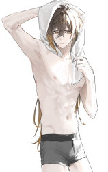  1boy armpits arms_up black_male_underwear brown_hair closed_mouth genshin_impact gradient_hair hair_between_eyes highres kkopoli long_hair male_focus male_underwear multicolored_hair muscular muscular_male navel nipples solo stomach topless_male towel towel_on_head underwear white_background yellow_eyes zhongli_(genshin_impact)  rating:Sensitive score:3 user:danbooru