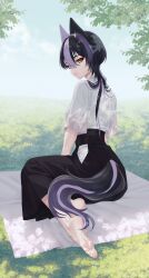  1girl absurdres animal_ears breasts eushufeal hakama highres japanese_clothes kimono kitsune mole non-web_source original solo tsukitami under_eye yellow_eyes 