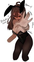  &gt;_&lt; 1girl absurdres ahoge animal_ears black_hairband black_leotard blush breasts brown_hair brown_pantyhose cowboy_shot full-face_blush hair_ornament hairband hairclip highres hod_(project_moon) large_breasts leotard lobotomy_corporation long_hair ny_000a open_mouth pantyhose playboy_bunny project_moon rabbit_ears simple_background strapless strapless_leotard tearing_up white_background wrist_cuffs  rating:Sensitive score:11 user:danbooru
