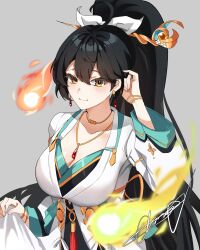  1girl ara_haan asdff9919 black_hair breasts cleavage commentary earrings elsword fingernails grey_background hair_between_eyes hair_ornament hair_ribbon hairpin highres jewelry large_breasts long_hair looking_at_viewer necklace ponytail ribbon simple_background smile solo surya_(elsword) teardrop_earrings tucking_hair upper_body white_ribbon yellow_eyes 