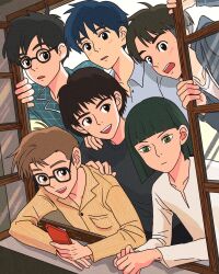  6+boys amasawa_seiji ashitaka black_hair blue_hair blush bob_cut brown_hair commentary_request freckles gake_no_ue_no_ponyo green_eyes green_hair hair_behind_ear haku_(sen_to_chihiro_no_kamikakushi) highres holding holding_phone horikoshi_jirou kaze_tachinu majo_no_takkyuubin male_focus mimi_wo_sumaseba mononoke_hime multiple_boys open_mouth pajamas phone rikaco1988 sen_to_chihiro_no_kamikakushi short_hair smile sousuke_(ponyo) striped_clothes studio_ghibli tombo_(majo_no_takkyuubin) undercut vertical-striped_clothes 