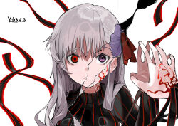  1girl absurdres artist_name black_dress commentary corruption crack cracked_glass dark_sakura dated dress dual_persona fate/stay_night fate_(series) hair_ribbon heaven&#039;s_feel highres light_smile long_hair matou_sakura open_mouth purple_eyes purple_hair red_eyes red_ribbon reflection ribbon sad white_background white_hair yuhezi 