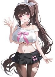  1girl absurdres arme_(cgsy7484) black_hair black_pantyhose black_skirt blush breasts collarbone commentary cowboy_shot crossed_bangs english_commentary hair_between_eyes hair_ribbon highres illien_(illien) large_breasts navel open_mouth original pantyhose purple_eyes red_eyes ribbon shirt sidelocks simple_background skirt smile standing thighhighs torn_clothes torn_pantyhose underboob waving white_background white_shirt 