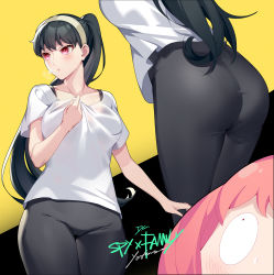  2girls :o anya_(spy_x_family) ass black_background black_pants black_tank_top blouse blush breasts character_name copyright_name dc_(doughertyevans) hairband highres large_breasts long_hair mother_and_daughter multicolored_background multiple_girls multiple_views pants pantylines parted_lips pink_hair ponytail red_eyes shirt sportswear spy_x_family sweat t-shirt tank_top white_hairband white_shirt wide-eyed yellow_background yoga_pants yor_briar  rating:Sensitive score:83 user:danbooru