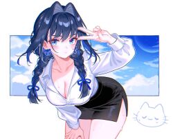  1girl artist_logo bent_over black_skirt blue_eyes blue_hair blue_sky blush bow bow_earrings breasts cleavage cloud collarbone collared_shirt crescent_moon earrings hair_between_eyes hair_intakes hand_on_own_thigh hololive hololive_english jewelry large_breasts lazuremi logo long_hair long_sidelocks long_sleeves looking_at_viewer moon ouro_kronii pencil_skirt ribbon_earrings shirt side_slit sidelocks skirt sky solo sweat v virtual_youtuber white_background white_shirt wispy_bangs 
