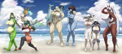 beach bikini breasts giant giantess highres huge_breasts monster_girl multiple_girls muscular pixiv_fantasia swimsuit rating:Sensitive score:11 user:railbreaker