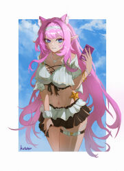  1girl absurdres animal_ear_fluff animal_ears artist_name bikini bikini_skirt blue_eyes blue_sky border breasts cat_ears chinese_commentary cleavage commentary_request elf elysia_(honkai_impact) elysia_(miss_pink_elf)_(honkai_impact) elysia_(summer_miss_elf)_(honkai_impact) hairband highres holding holding_phone honkai_(series) honkai_impact_3rd jewelry kotoior large_breasts long_hair navel necklace official_alternate_costume parted_lips phone pink_hair pointy_ears scrunchie shell shell_necklace signet_of_ego sky solo stomach swimsuit thigh_strap thighs white_bikini white_border white_hairband wrist_scrunchie 