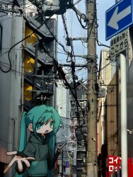  +++ 1girl alternate_costume aqua_eyes aqua_hair beckoning blush_stickers building city day hatsune_miku highres hood hood_down hoodie long_hair looking_at_viewer open_mouth outdoors photo_background pointing power_lines sign single_blush_sticker smile sn_(sn_utu00) solo speech_bubble twintails utility_pole vocaloid 