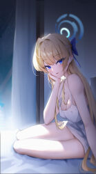  1girl absurdres alternate_costume bedroom blonde_hair blue_archive blue_bow blue_eyes blue_hair blue_halo blush bow braid breasts chinese_commentary commentary_request covered_erect_nipples curtains elbow_on_thigh elbow_rest from_side hair_bow hair_intakes hair_over_shoulder half_up_braid halo hand_on_own_face hand_rest highres large_breasts lingshi_(meikon2524) long_hair long_sidelocks looking_at_viewer looking_to_the_side multicolored_hair nightgown no_bra on_bed parted_lips sidelocks sitting sleepwear solo spaghetti_strap streaked_hair thighs toki_(blue_archive) turning_head window 