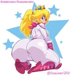 1girl ass ass_focus blonde_hair blue_eyes blush bodysuit breasts butt_crack cameltoe chickpea_(chickpeansfw) clothes_lift cowboy_shot crown curvy full_body gloves highres huge_ass kneeling long_hair looking_at_viewer looking_back mario_(series) medium_breasts nintendo open_mouth parted_lips pink_gloves pink_scarf ponytail princess_peach scarf shiny_clothes simple_background skirt skirt_lift solo standing star_(symbol) the_super_mario_bros._movie thick_thighs thighs white_background wide_hips rating:Questionable score:115 user:fakyuh