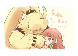  1boy 1girl angoramon body_fur bow brown_hair commentary_request digimon digimon_(creature) digimon_ghost_game floppy_ears furry furry_male hair_bow jin_(jin3jin3) long_hair one_eye_closed purple_eyes rabbit_boy simple_background translation_request tsukiyono_ruli tusks upper_body yellow_background yellow_fur 