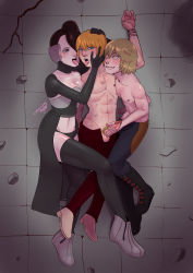  1girl 2boys abs absurdres bisexual_male blonde_hair blue_eyes blush breasts brown_hair commission erection galerians galerians:_ash grin handjob highres kiss lying magnta multiple_boys muscular nipples nitro_(galerians) open_mouth orange_eyes parano_(galerians) pectorals penis rion_(galerians) rion_steiner saliva sharp_teeth smile teeth testicles tongue tongue_out topless_male uncensored yellow_eyes 