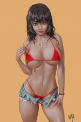  1girl bikini black_hair bracelet breasts brown_eyes contrapposto cowboy_shot cross cross_necklace cutoffs dark-skinned_female dark_skin denim denim_shorts eyeliner female_focus hand_on_own_thigh hip_bones ivan_rubashkin jewelry large_breasts lips lipstick long_hair looking_at_viewer makeup micro_bikini mole mole_above_mouth nail_polish navel_piercing necklace open_clothes open_fly open_shorts orange_background original piercing realistic red_bikini red_lips ring short_shorts shorts signature simple_background solo standing strap_pull string_bikini swimsuit unbuttoned underboob  rating:Questionable score:42 user:Wing_of_Madoola