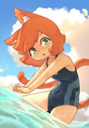 1girl :o absurdres animal_ear_fluff animal_ears bare_arms blush cat_ears cat_girl cat_tail chestnut_mouth cloud cloudy_sky covered_navel cowboy_shot day female_focus green_eyes highres kanbaki kanbaki&#039;s_orange-haired_catgirl leaning_forward legs_apart loli long_tail looking_at_viewer medium_hair nose_blush open_mouth orange_hair original outdoors outstretched_arms partially_submerged raised_eyebrows school_swimsuit sky solo swept_bangs swimsuit tail water wet rating:Sensitive score:89 user:Sir_Cumalot