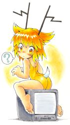  1girl ? analoguma ass barefoot blonde_hair blush feet female_focus from_behind japan_commercial_broadcasters_association looking_back one-piece_swimsuit oyatsu_(mk2) personification short_hair simple_background sitting soles solo swimsuit tail toes white_background yellow_eyes yellow_one-piece_swimsuit 