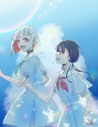  2girls :d blue_dress blue_sky blush breast_pocket collarbone commentary_request cowboy_shot dappled_sunlight day dollchestra dress green_neckerchief hasu_no_sora_school_uniform highres lens_flare link!_like!_love_live! looking_at_another looking_back love_live! medium_dress multiple_girls murano_sayaka neckerchief open_mouth pleated_dress pocket profile puffy_short_sleeves puffy_sleeves red_neckerchief running sailor_collar sailor_dress school_uniform short_sleeves sideways_mouth sky smile summer_uniform sunlight sweat tikuwa_l virtual_youtuber white_sailor_collar yugiri_tsuzuri 