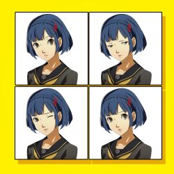  1girl absurdres black_shirt blue_hair border braid brown_eyes commentary commission crown_braid english_commentary highres looking_at_viewer nakamura_aika official_alternate_costume one_eye_closed persona persona_4 persona_4_the_animation sailor_collar school_uniform shirt short_hair simple_background soejima_shigenori_(style) upper_body wanderstillart white_background yasogami_school_uniform yellow_border 